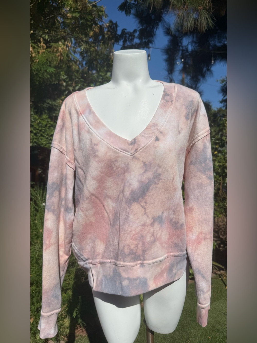 Michael Stars Pink and Light Gray Tie-Dye V-Neck Pullover
